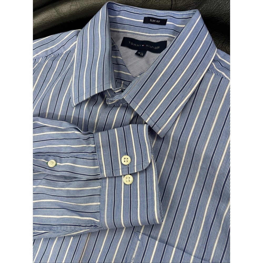 Tommy Hilfiger Men's TH Flex Slim Fit Dress Shirt, Blue/White Stripes 16.5-35